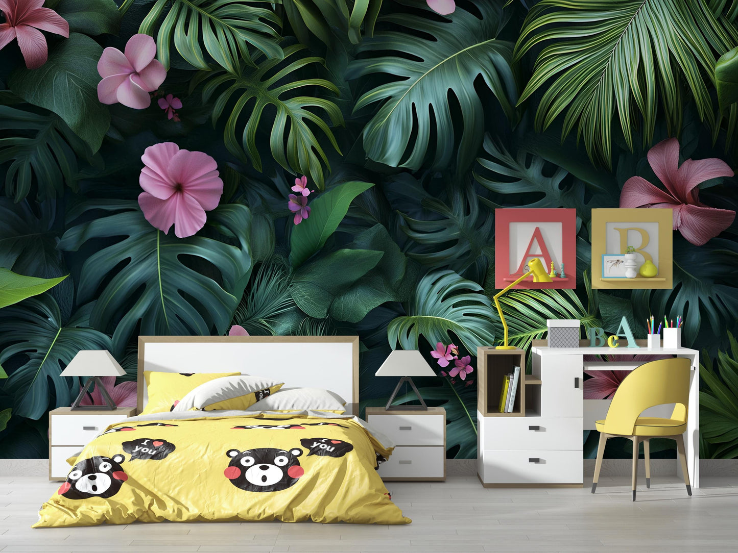 Tropical Jungle Wall Mural for Kids Room – Botanical Leaf & Flower Wallpaper – Removable Peel and Stick Wall Art Vn233