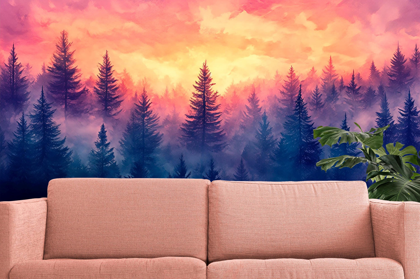 Pink Sunset Forest Wall Mural – Misty Pine Trees Wallpaper – Dreamy Nature Landscape Art for Living Room Vn249