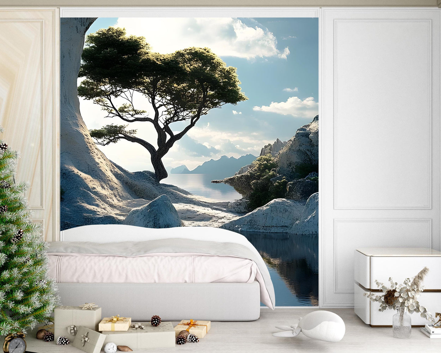Nature Arch Wall Mural - Tree and Ocean Scenic Wallpaper - Removable Peel and Stick Landscape Wall Art - Bedroom or Living Room Decor Vn016