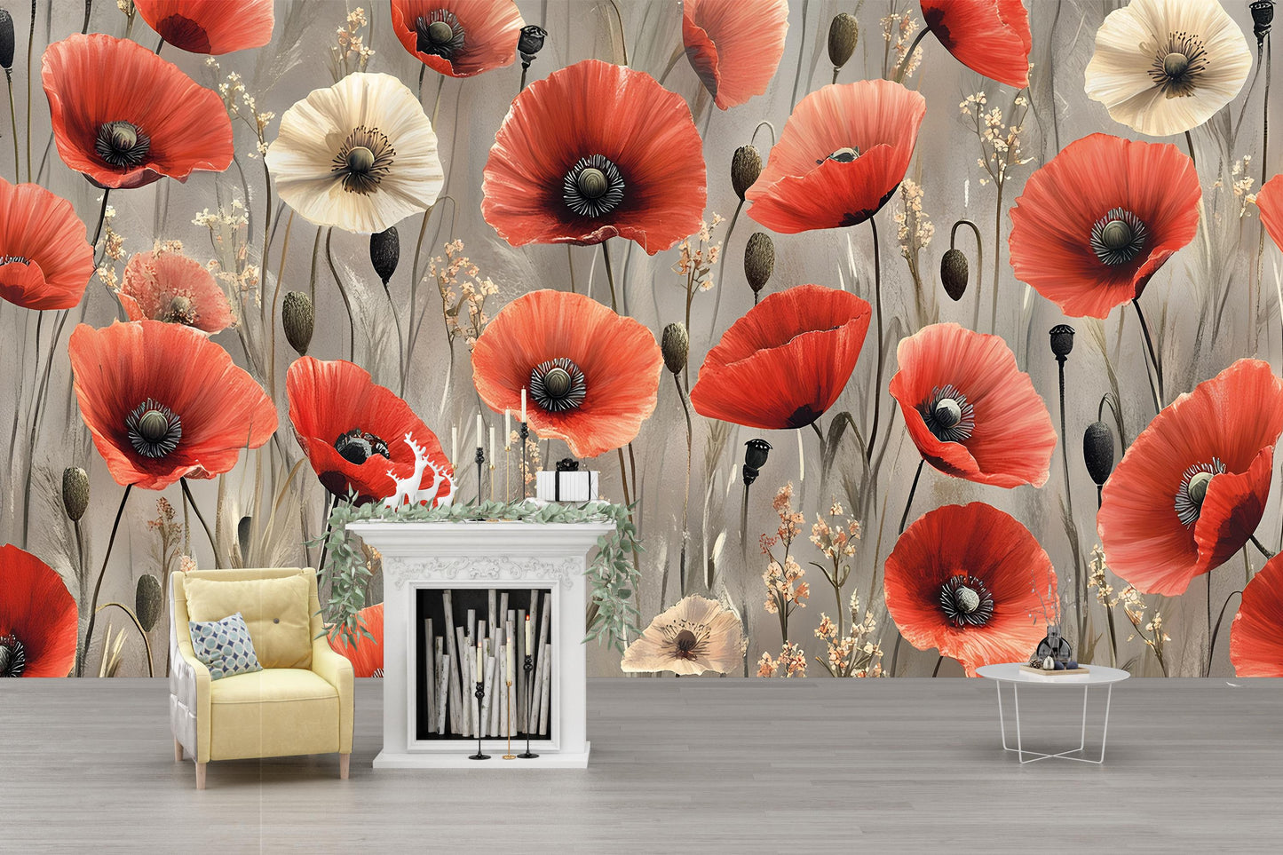 Poppy Flower Wall Mural – Red & Beige Floral Wallpaper – Modern Botanical Wall Art Vn328