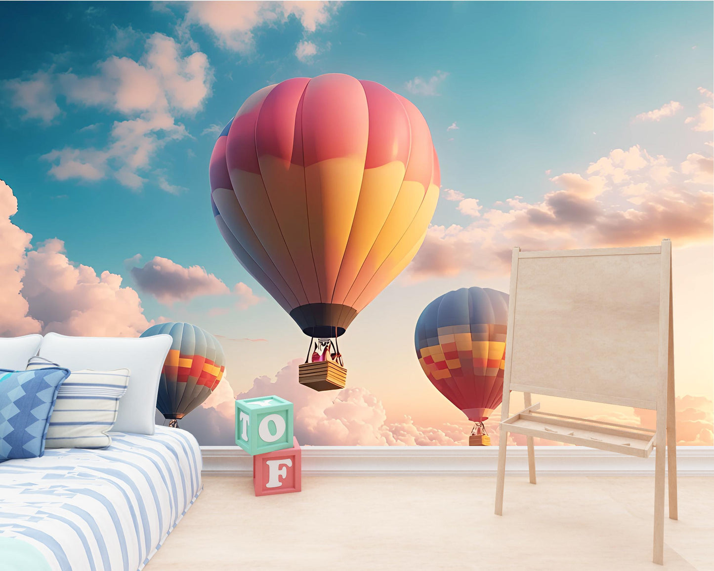 Hot Air Balloon Wall Mural for Kids Room – Dreamy Sky Nursery Wallpaper – Whimsical Cloud Backdrop – Baby Room Wall Decor Vn258