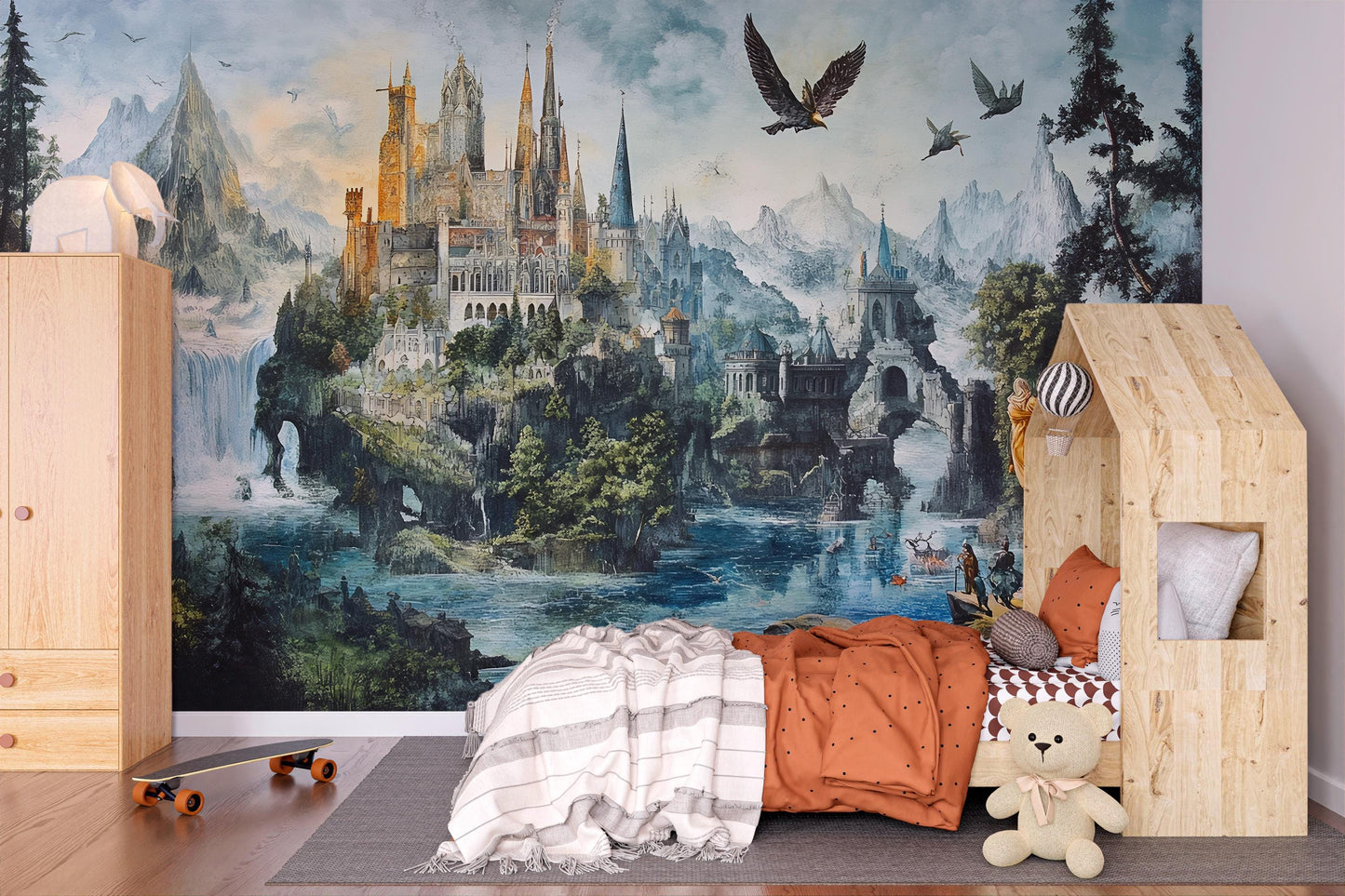 Fantasy Castle Wall Mural for Kids Room – Magical Fairytale Kingdom Wallpaper – Boys Bedroom Adventure Decor – Landscape Mural Art Vn185
