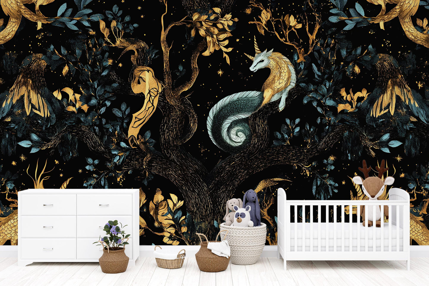 Magical Forest Wallpaper Mural for Nursery – Unicorn, Dragon & Fairy Tale Creatures – Dark Fantasy Kids Room Wall Art Vn178