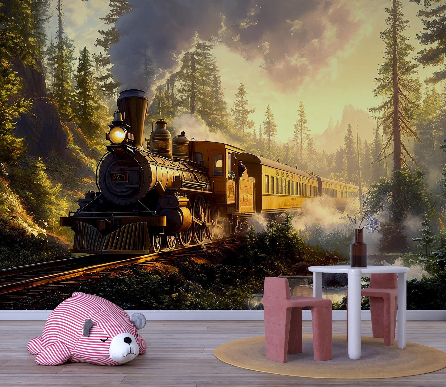 Vintage Steam Train Nursery Mural – Forest Adventure Wall Art for Kids Room Vn223