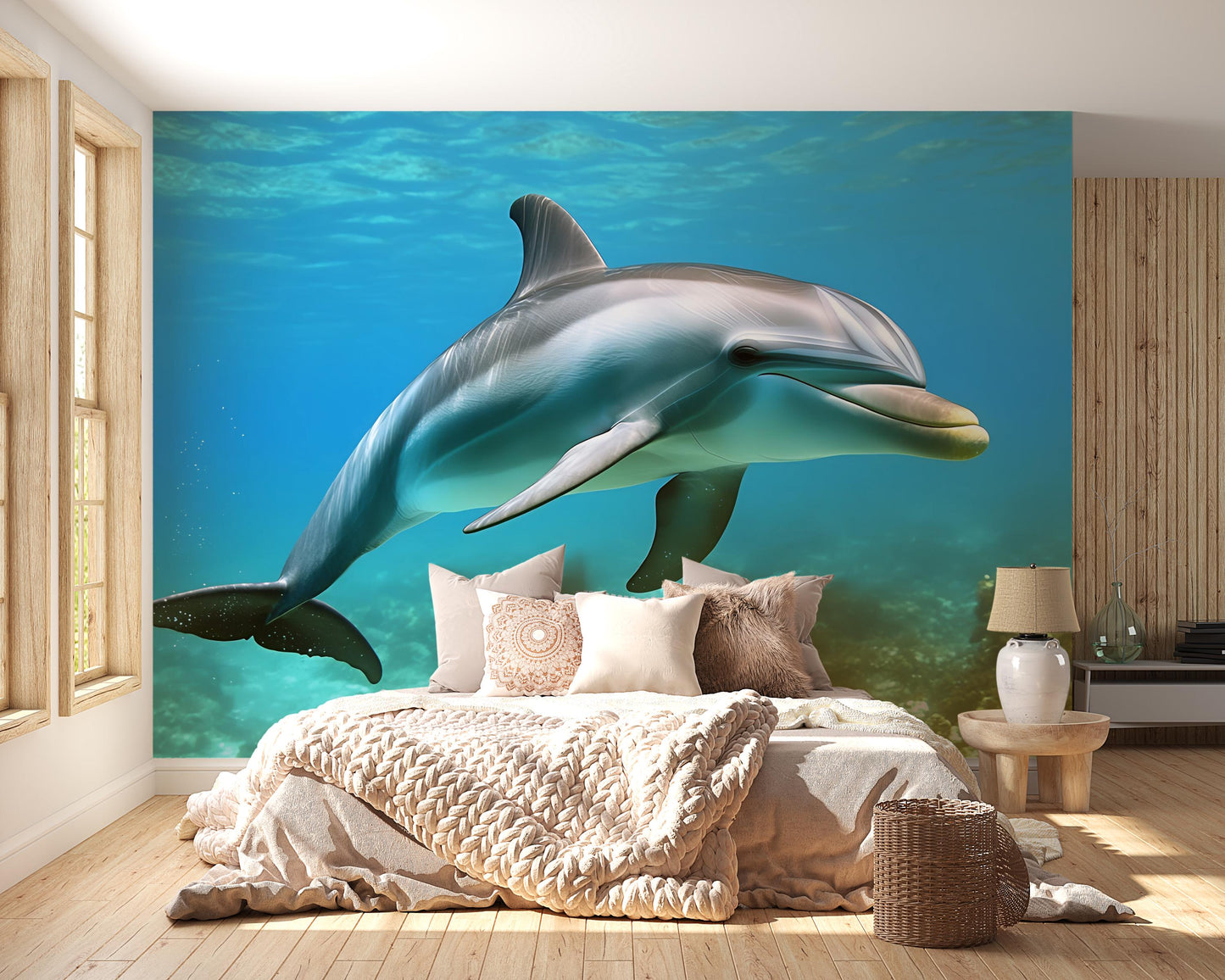 Ocean Dolphin Wall Mural for Bedroom – 3D Underwater Sea Life Wallpaper – Nautical Marine Decor for Kids & Adults Vn255