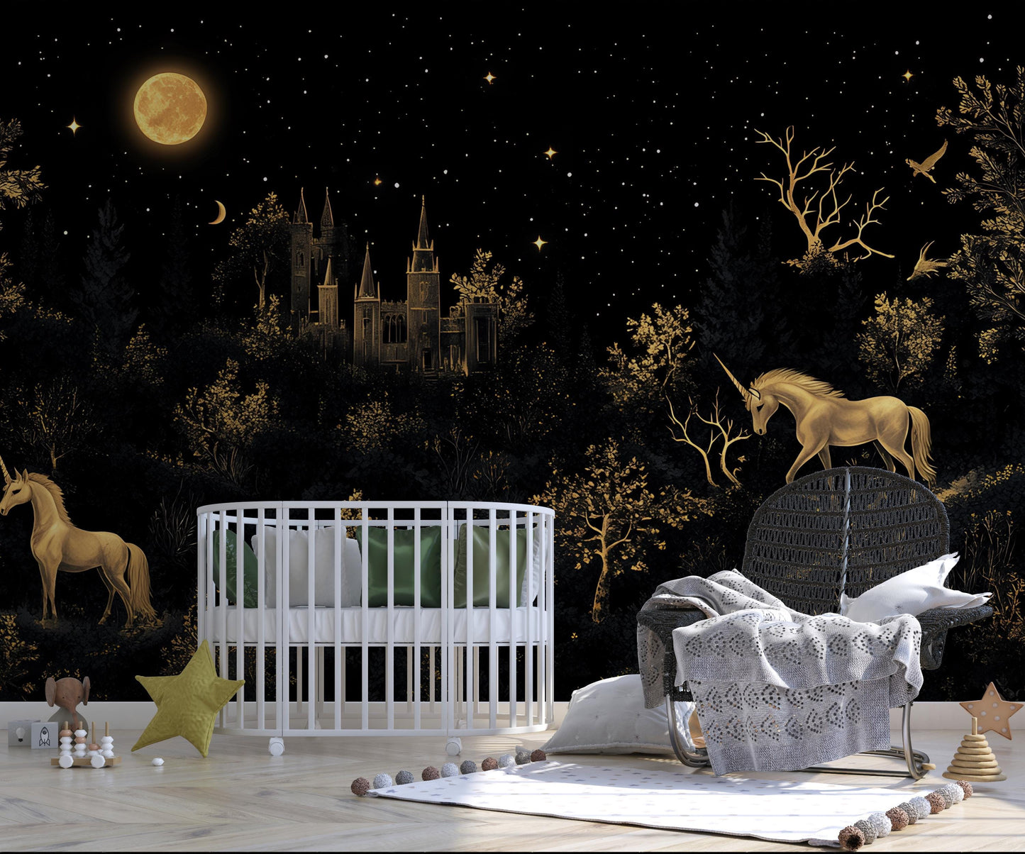 Magical Moonlit Castle Wall Mural – Fantasy Night Sky Wallpaper, Kids Room or Nursery Decor, Glow-Inspired Fairytale Forest Art Vn177