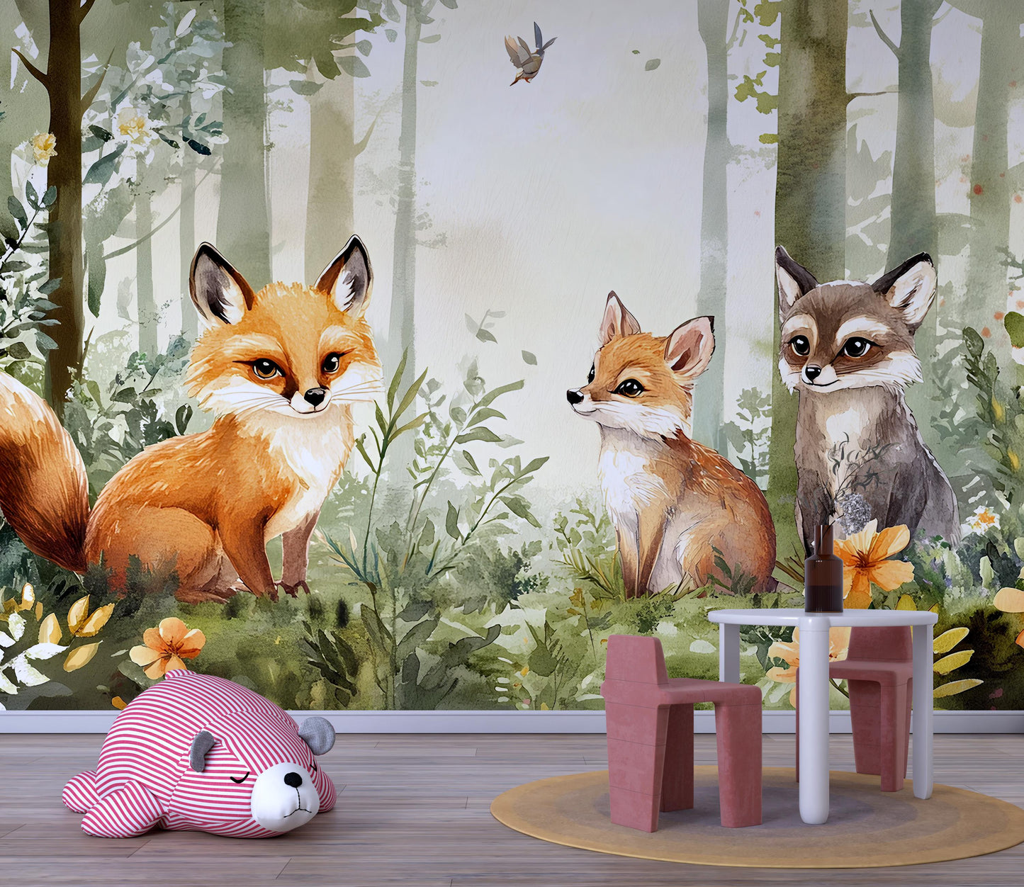 Woodland Forest Animal Nursery Wall Mural – Fox & Raccoon Wallpaper – Baby Room Decor – Gender Neutral Jungle Vn343