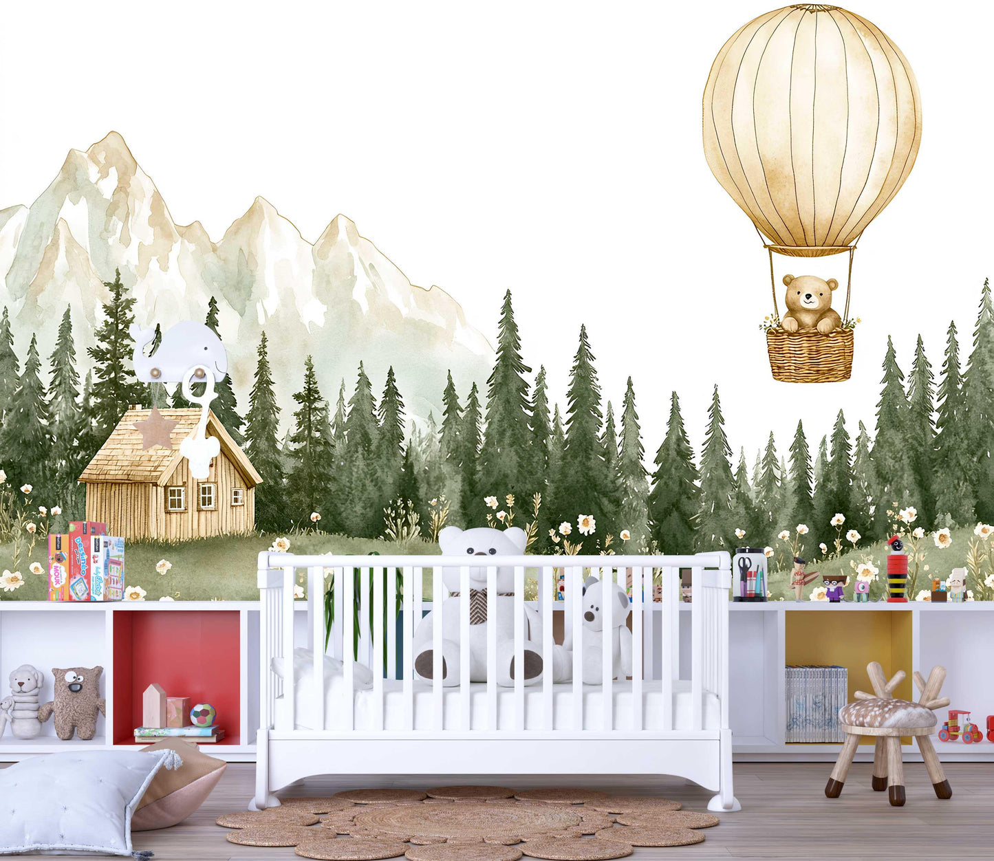 Whimsical Forest Nursery Wall Mural – Hot Air Balloon Bear, Cabin & Mountains – Kids Room Wallpaper, Woodland Baby Room Decor Vn448