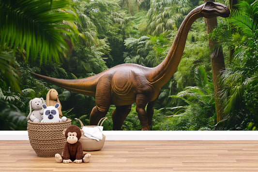 Dinosaur Jungle Wall Mural for Kids Room | Giant Brachiosaurus Wallpaper | Boys Bedroom Decor with Car Bed | Adventure Theme Wall Art Vn409