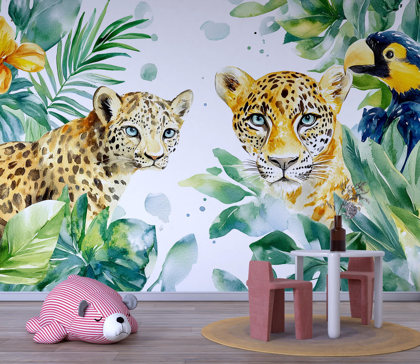 Safari Jungle Wall Mural - Baby Room Leopard Wallpaper - Tropical Animal Nursery Decor Vn338