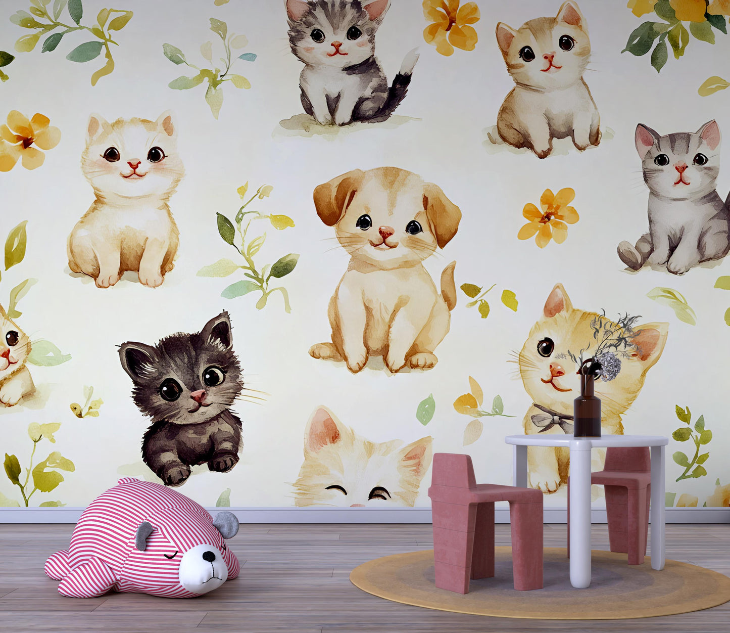 Cute Kitten Puppy Nursery Wallpaper – Watercolor Animal Wall Mural for Baby Room Vn319
