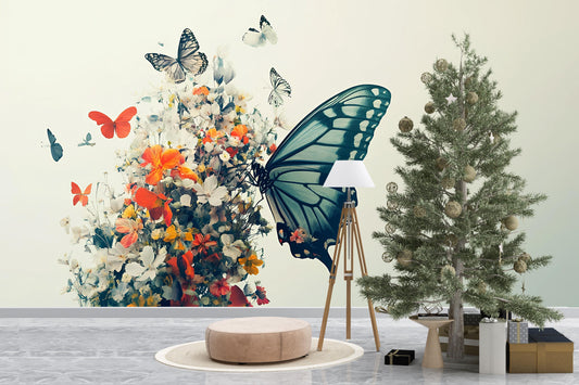 Large Butterfly & Floral Wall Mural β Colorful Nature Wall Art for Living Room or Office Vn484