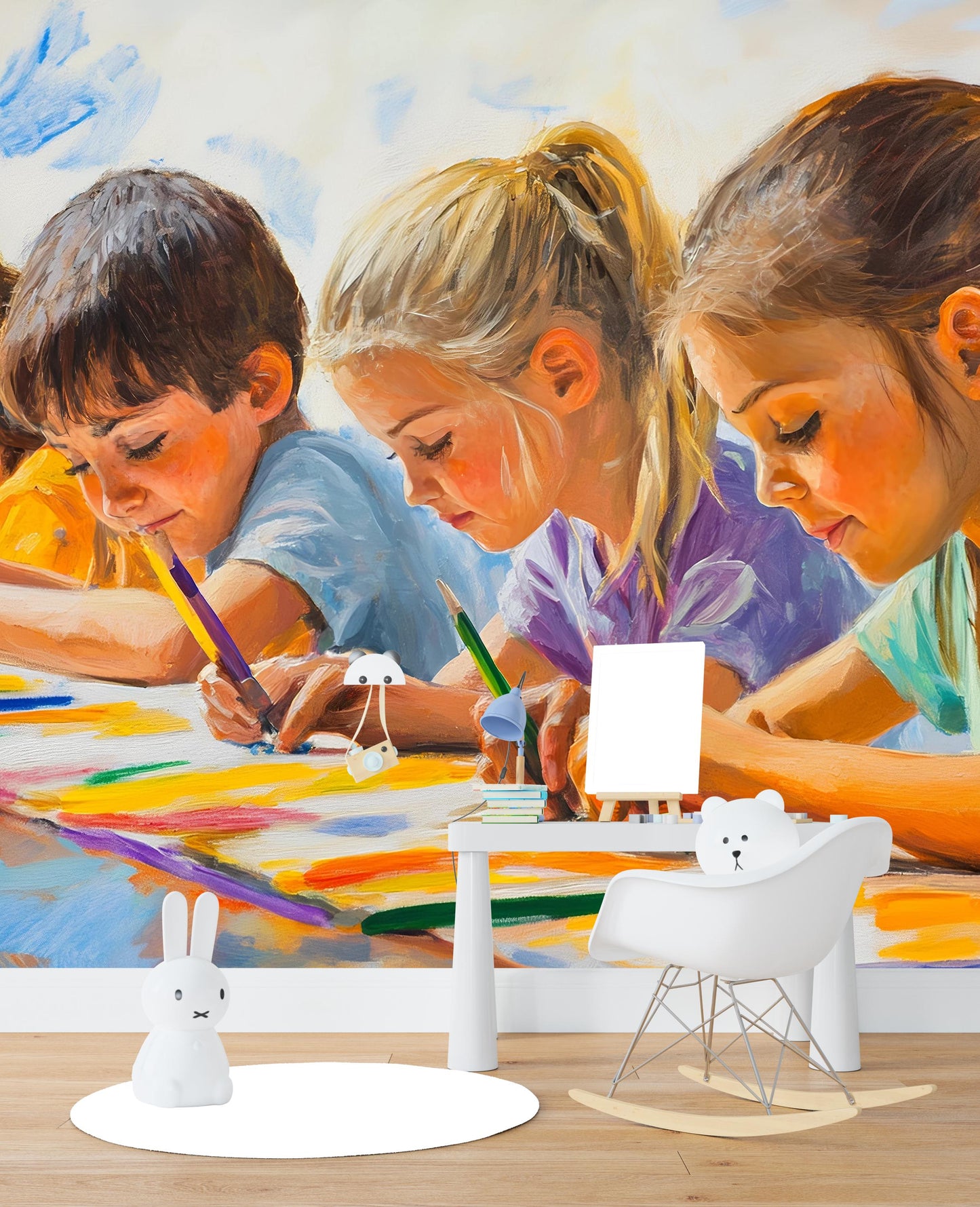 Colorful Kids Art Wall Mural | Playroom Wallpaper with Drawing Children | Toddler Room Decor | Vibrant Artistic Nursery Mural Vn412