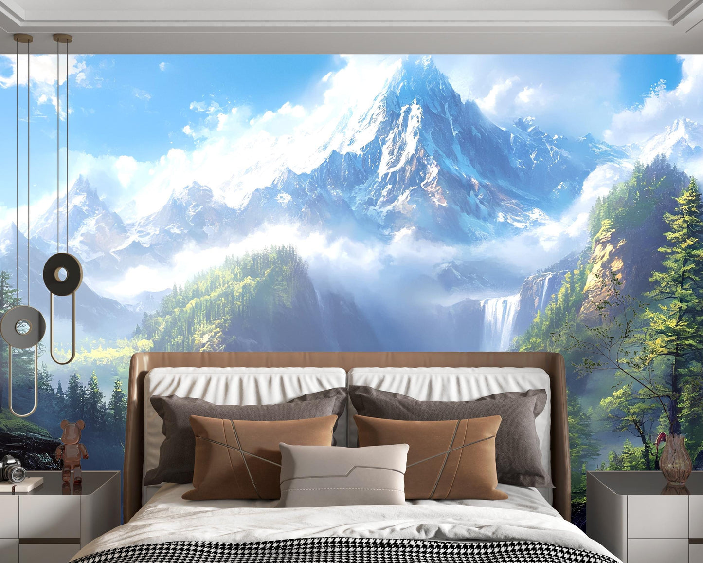 Mountain View Wall Mural | Scenic Nature Bedroom Wallpaper | Snowy Peak Forest Landscape | Large Photo Wall Art Decor Vn251