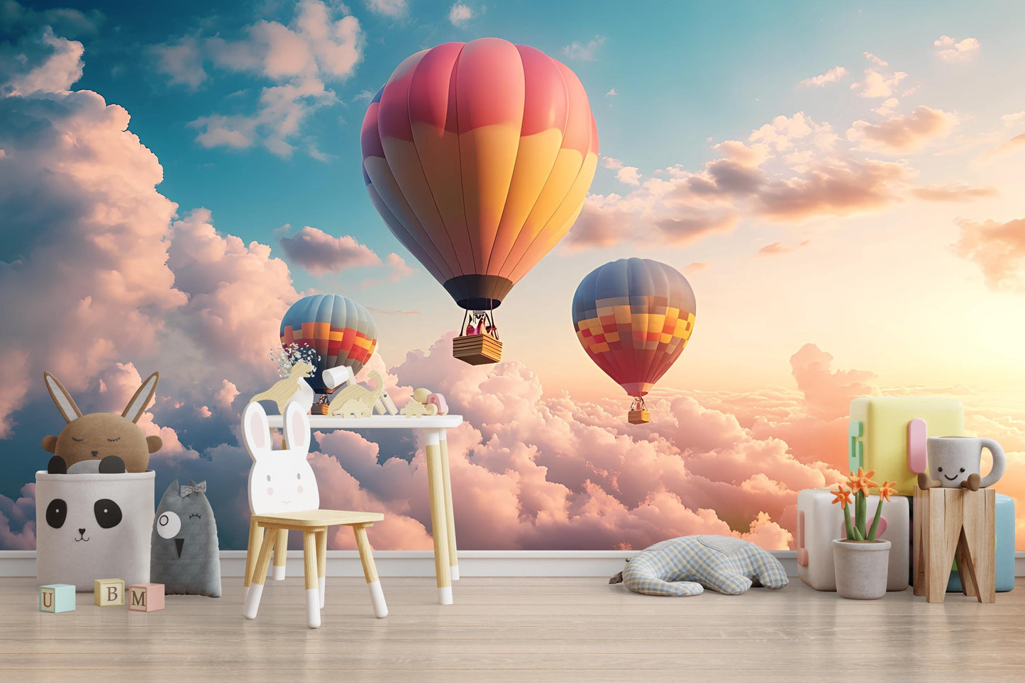 Hot Air Balloon Wall Mural for Kids Room – Dreamy Sky Nursery Wallpaper – Whimsical Cloud Backdrop – Baby Room Wall Decor Vn258