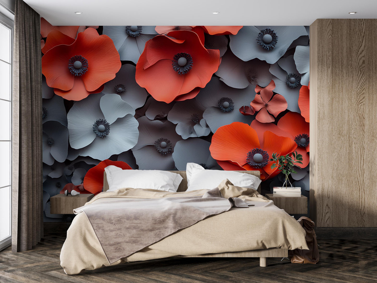 3D Red Gray Floral Wall Mural, Modern Large Flower Wallpaper, Bold Bedroom Accent Art Vn327