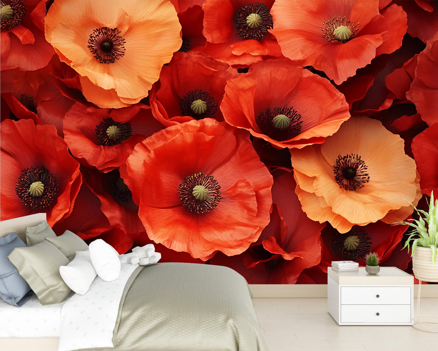 Large Red Poppy Flower Wall Mural – Bold Floral Peel and Stick Wallpaper for Bedroom Accent Wall – Removable Nature Decor Vn335