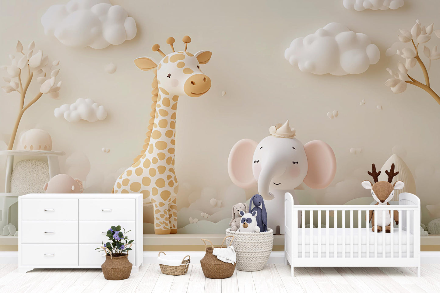 Whimsical Safari Animal Nursery Wall Mural – Giraffe & Elephant Jungle Art – Neutral Baby Room Decor – Kids Bedroom Wallpaper Vn431