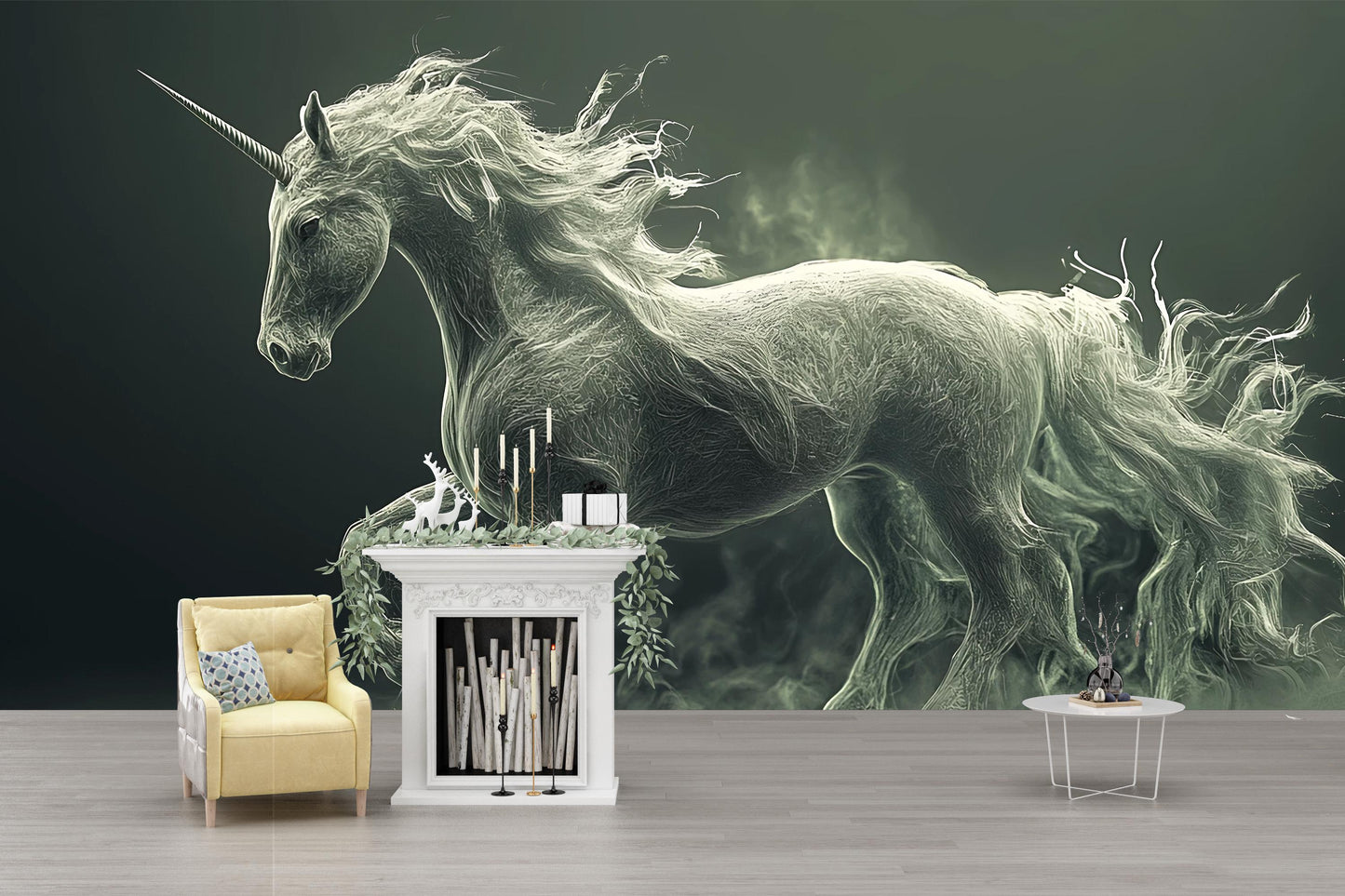 Mystical Ghostly Unicorn Wall Mural - Fantasy Horse Art Wallpaper for Living Room, Magical Creature Decor, Surreal Home Accent Vn 298