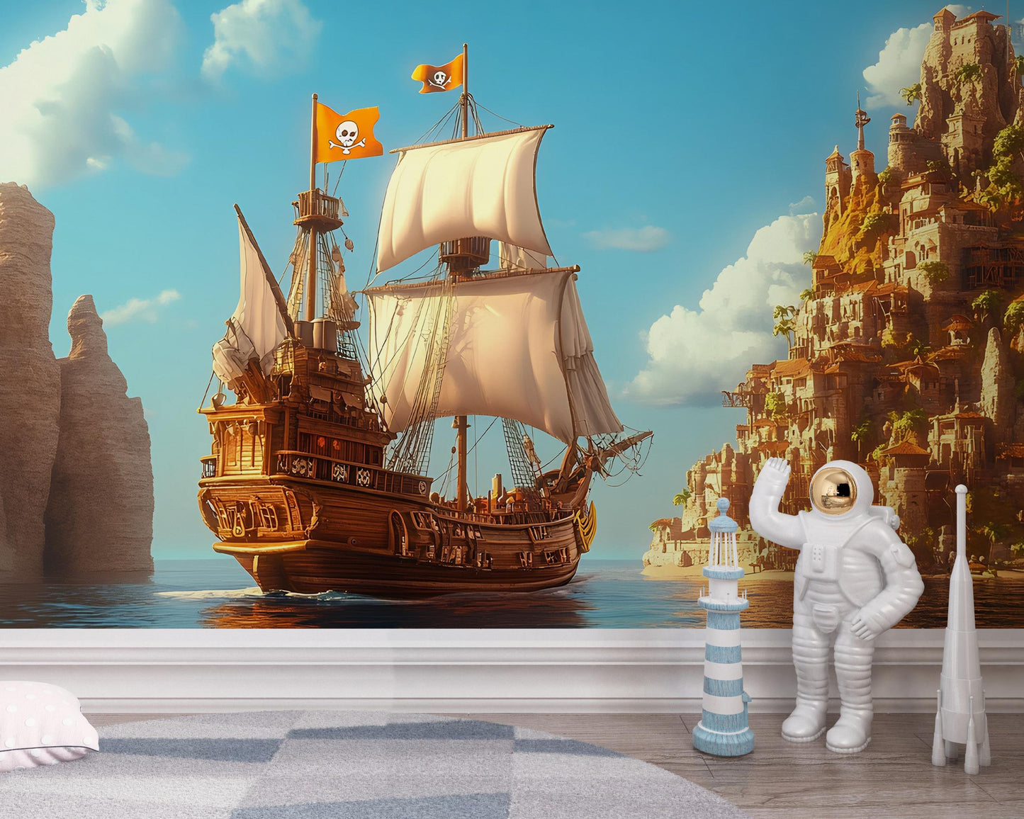 Pirate Ship Wall Mural for Kids Room – Fantasy Ocean Adventure Wallpaper – Large Removable Nursery Decor Vn 310