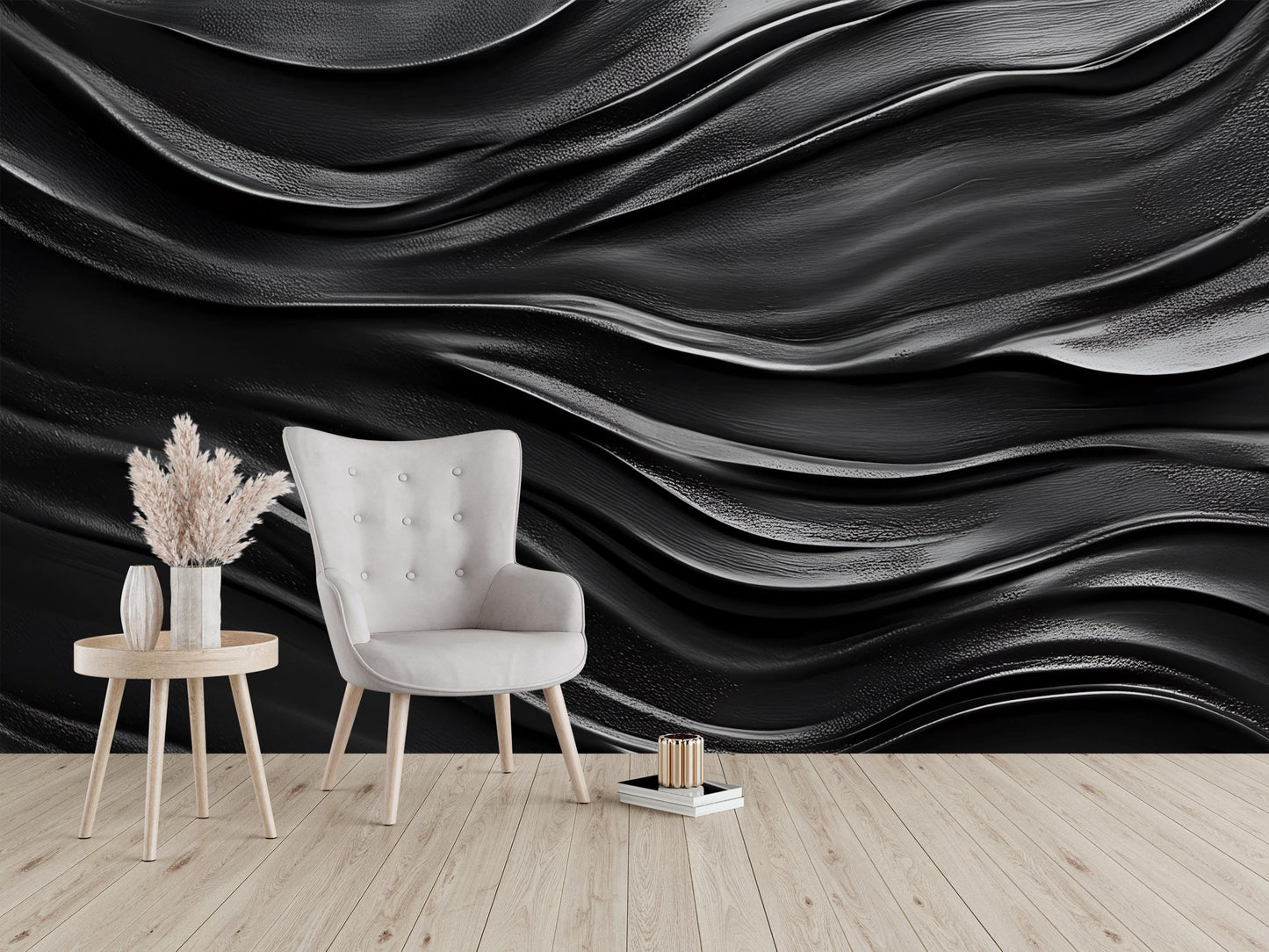 Modern Black Wave Wall Mural – 3D Textured Abstract Wallpaper, Bold Dark Wall Art for Living Room, Bedroom, Office Decor Vn235