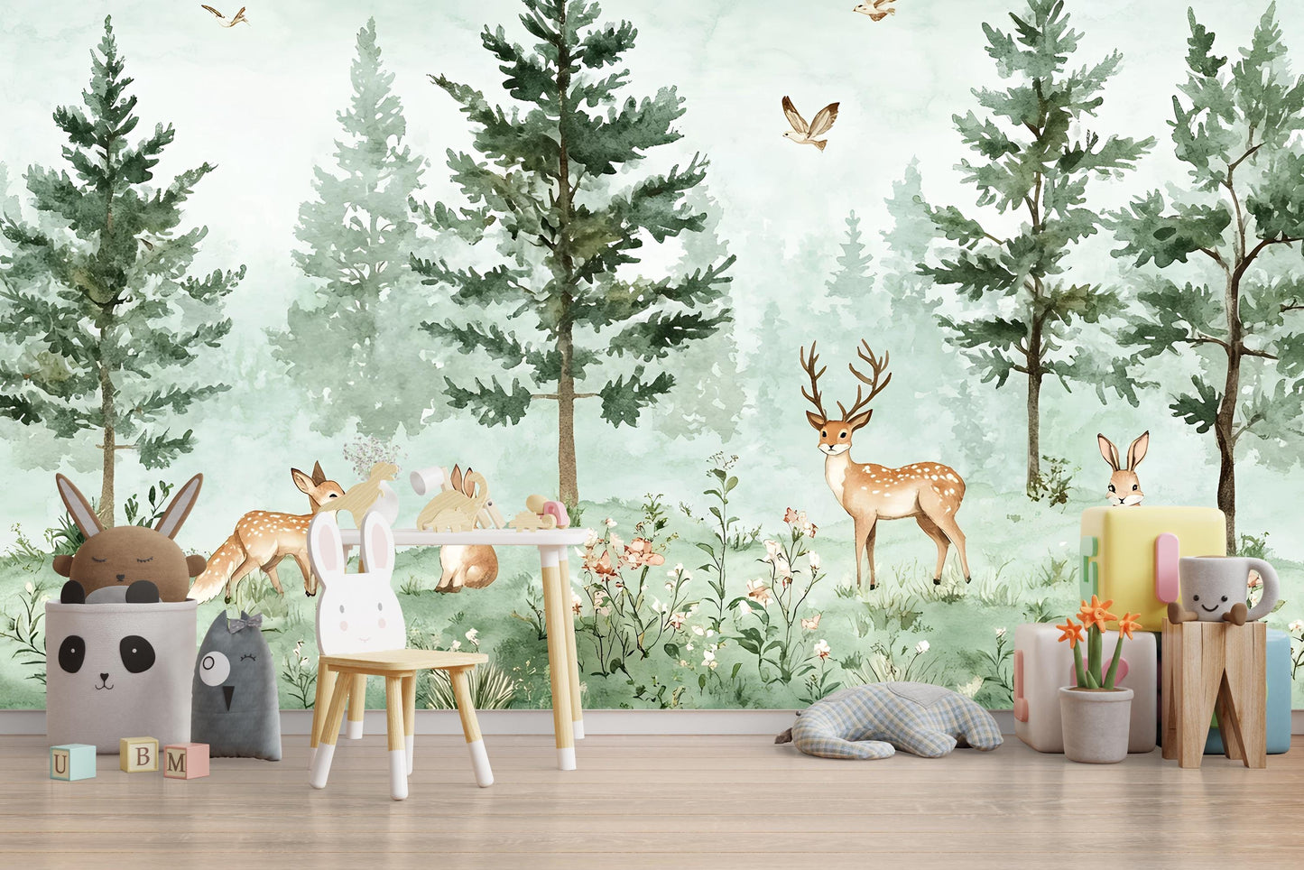 Woodland Forest Animal Nursery Wallpaper – Deer, Bunny, Tree Wall Mural for Baby Room, Nature Theme Wall Decor Vn262