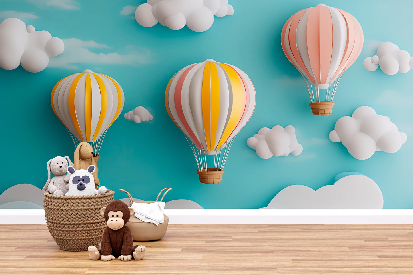 Whimsical Hot Air Balloon Nursery Wall Mural | 3D Cloud Kids Room Decor | Colorful Baby Room Wallpaper | Playroom Backdrop Art Print Vn379