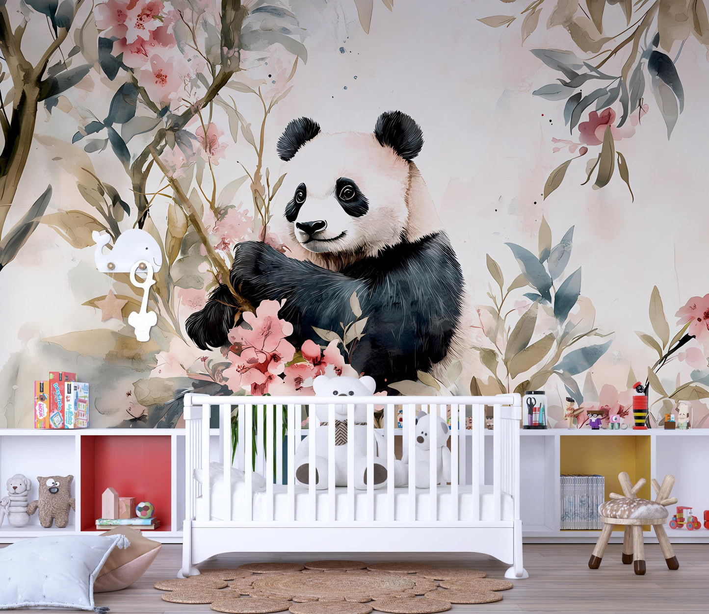 Panda Wall Mural for Nursery – Floral Jungle Panda Wallpaper – Baby Girl Room Decor – Removable Animal Mural Vn108