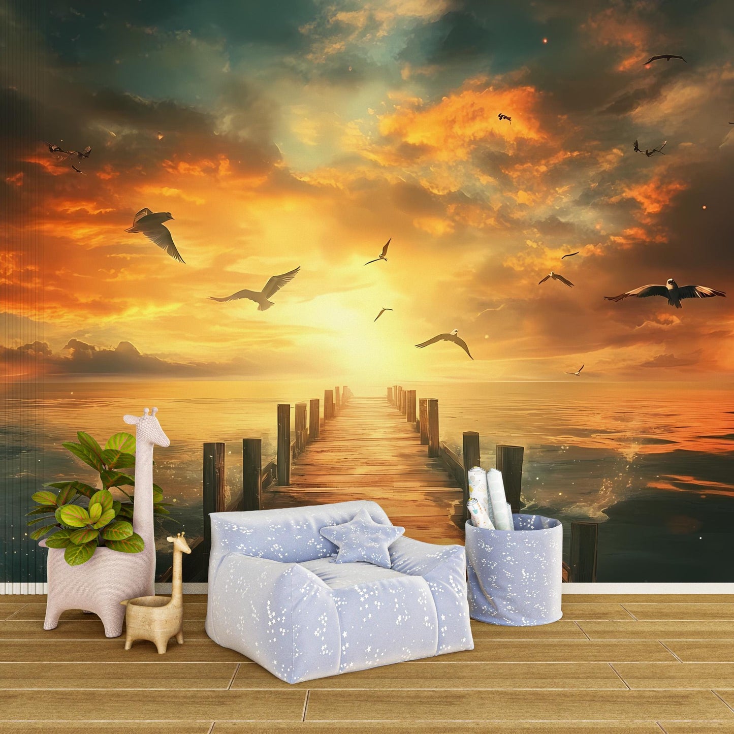 Ocean Sunset Wall Mural – Pier Dock Seascape with Birds – Beach Sunset Wall Art – Large Seaside Wall Decor Vn013