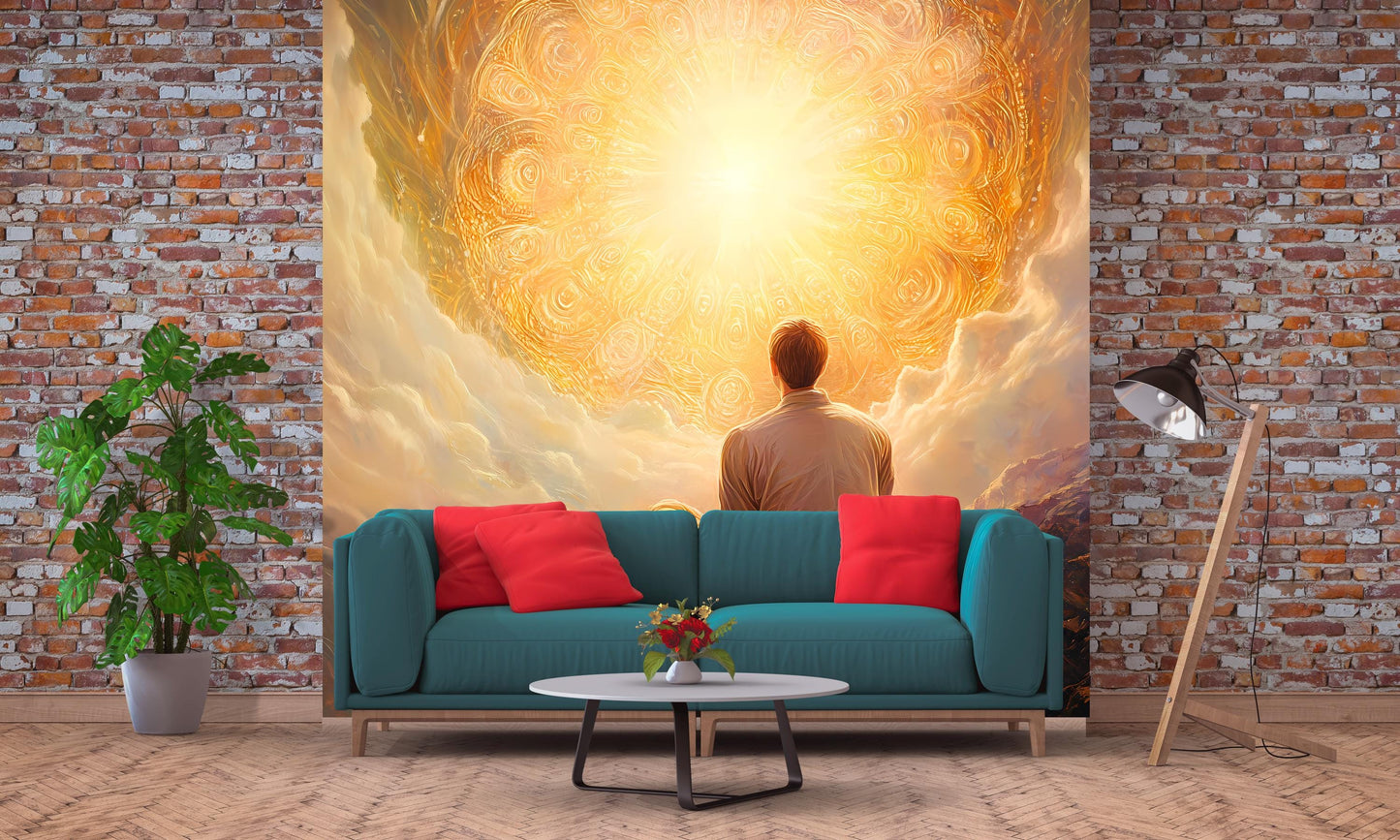 Spiritual Wall Mural for Bedroom – Enlightenment Inspired Art with Man Facing Radiant Light – Dreamy Golden Meditation Decor Vn098