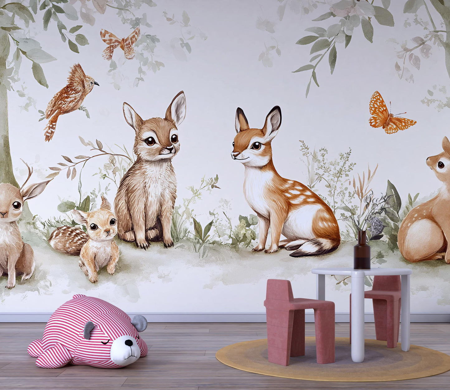 Woodland Animal Nursery Wall Mural – Forest Theme Peel and Stick Wallpaper – Baby Deer Bunny Squirrel Wall Art for Kids Room Vn247