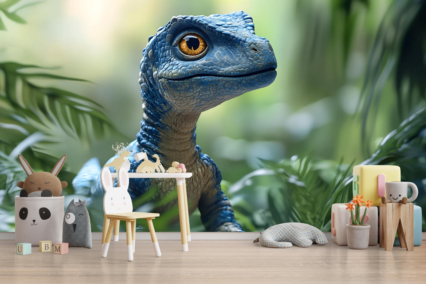 Blue Dinosaur Wall Mural for Kids Room – Realistic Raptor Jungle Wallpaper – Nursery or Playroom Decor Vn411