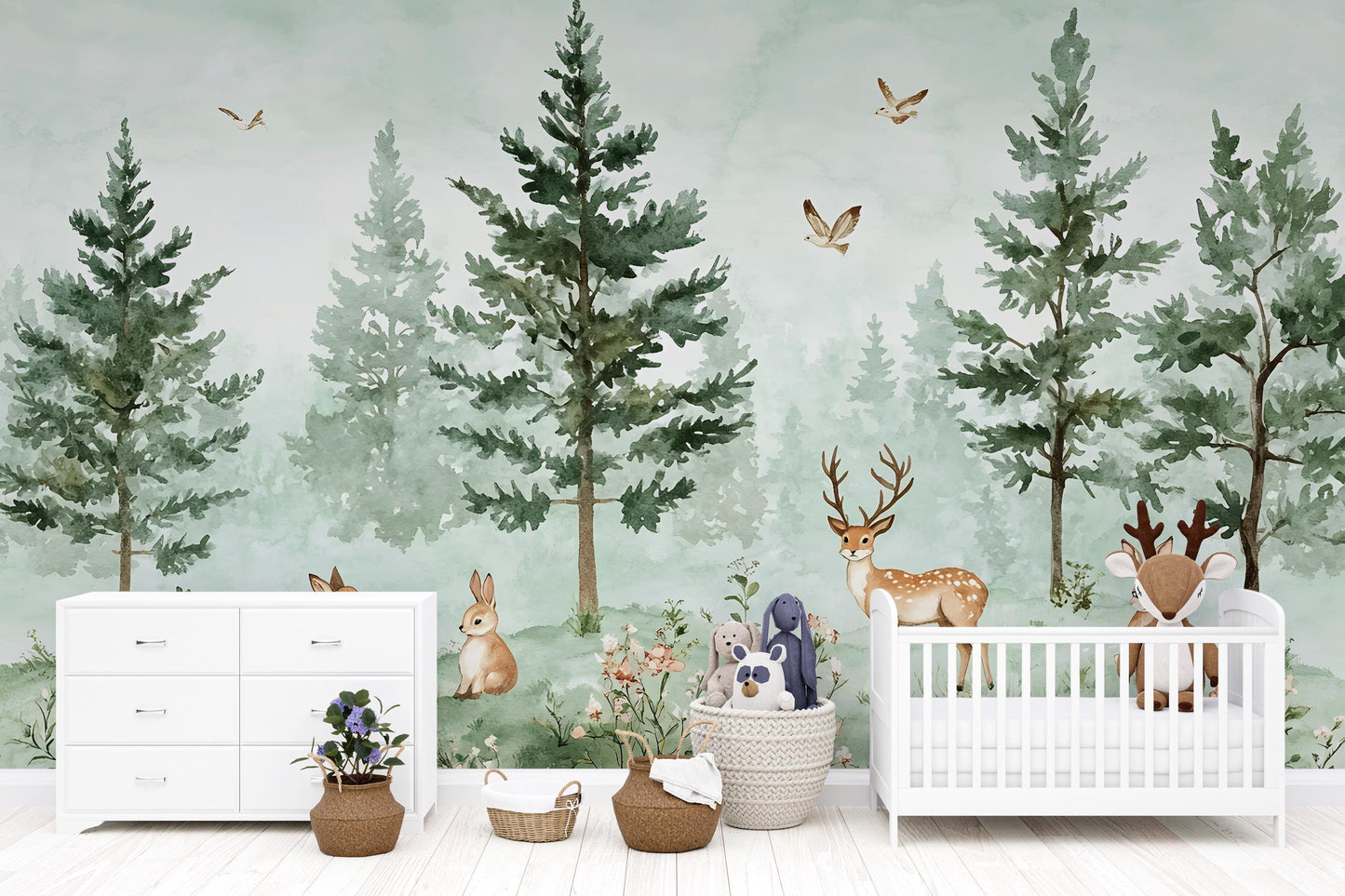 Woodland Forest Animal Nursery Wallpaper – Deer, Bunny, Tree Wall Mural for Baby Room, Nature Theme Wall Decor Vn262