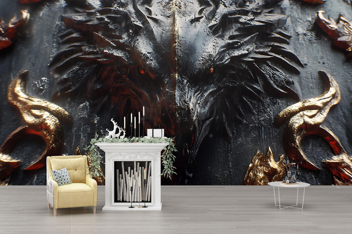 Dark Fantasy Dragon Wall Mural | Gothic Fire Beast Art | Large Wall Decor Vn242