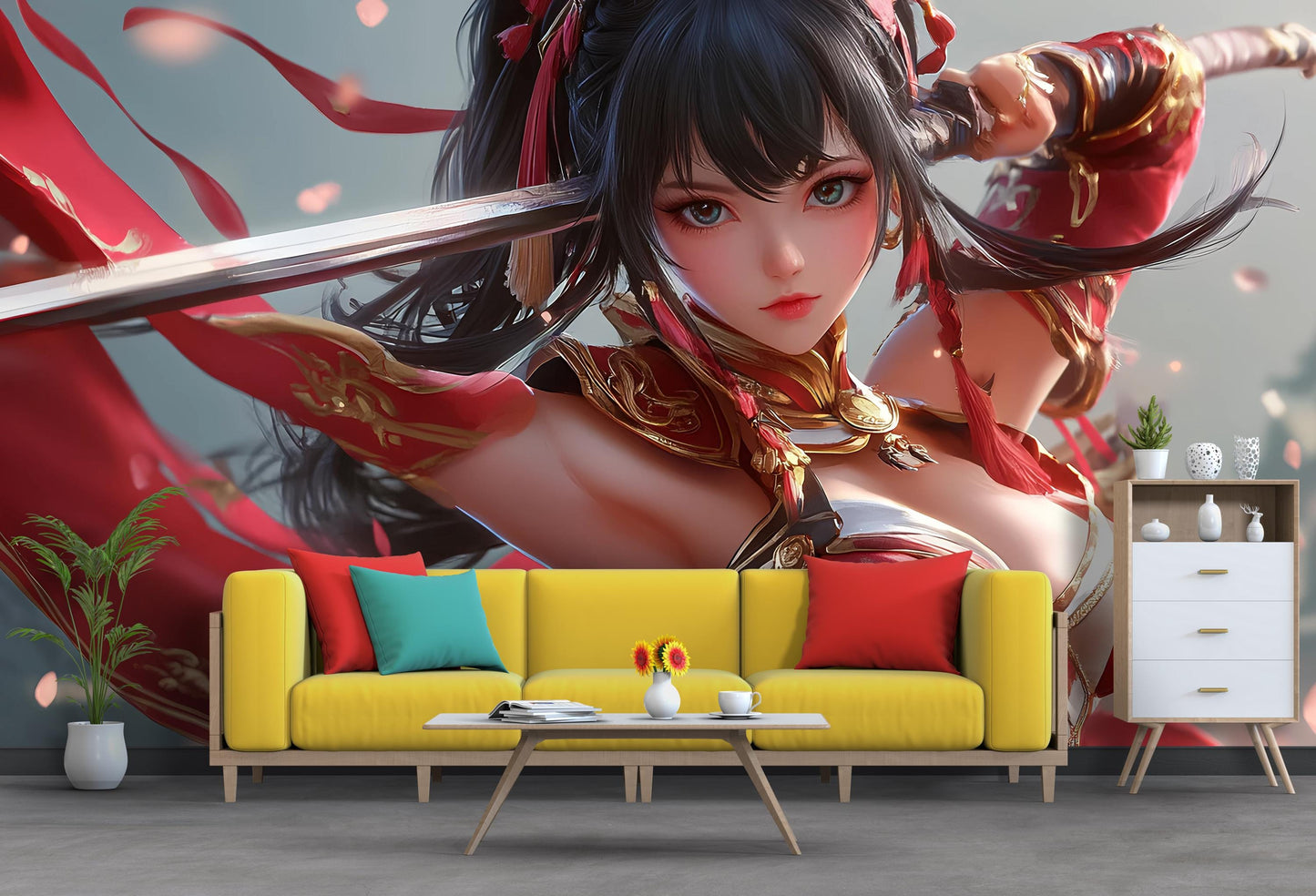 Anime Girl Warrior Wall Art | Samurai Fantasy Poster | Elegant Red Armor Decor Vn355