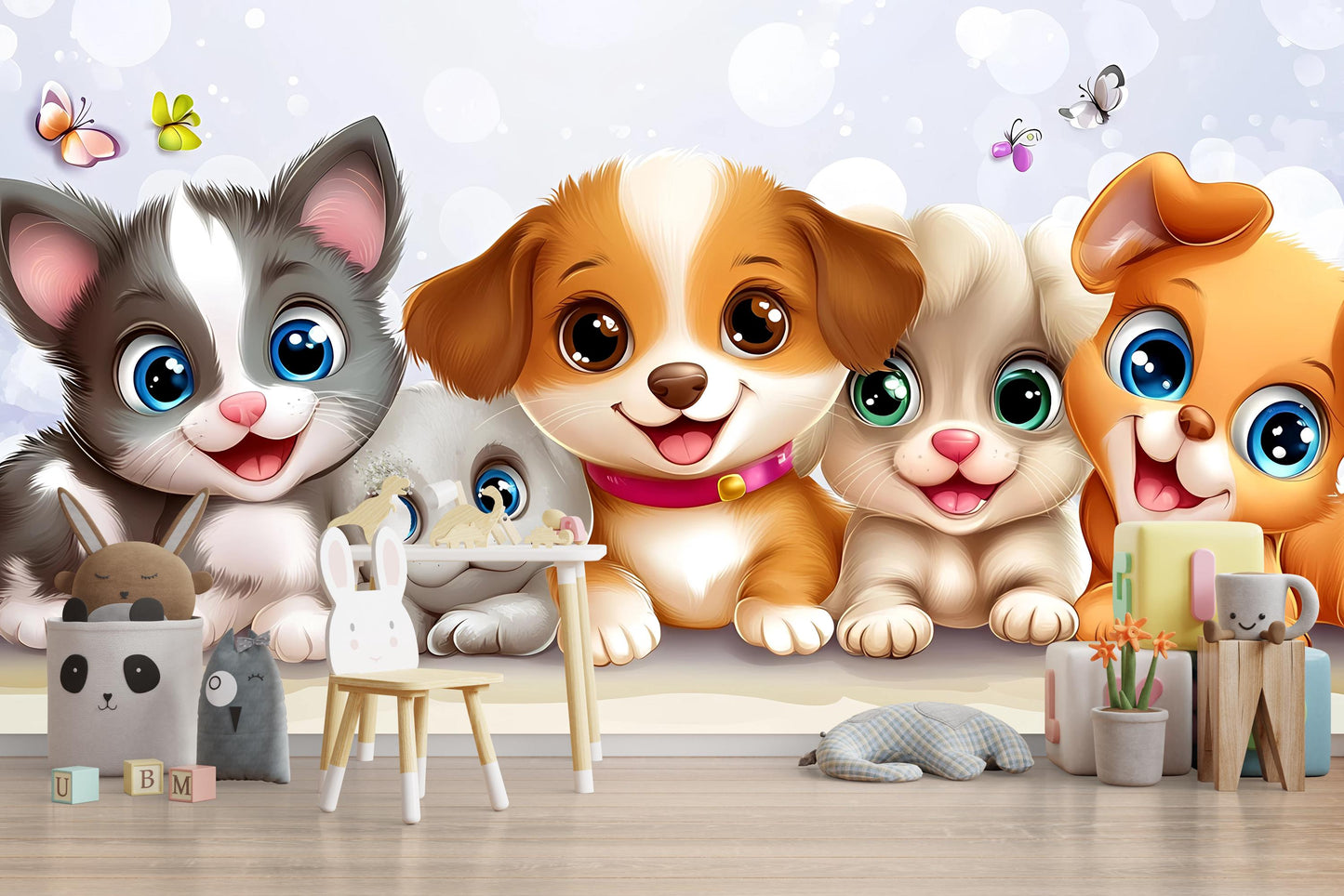 Cute Puppy & Kitten Wall Mural – Cartoon Animal Wallpaper for Nursery, Kids Room Decor – Large Removable Art Print Vn320