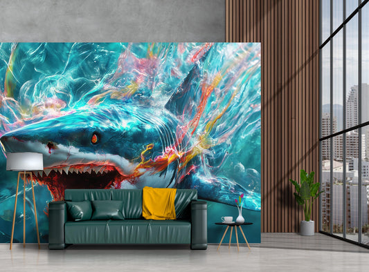 Fierce Shark Wall Mural β 3D Abstract Ocean Art Wallpaper for Living Room, Underwater Creature Decor, Bold Fantasy Wall Art  Vn384