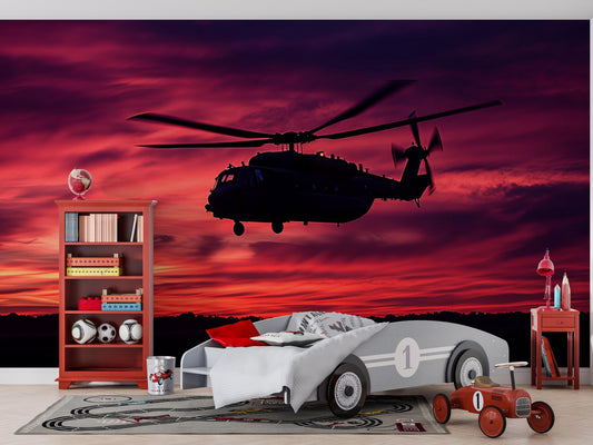 Helicopter Wall Mural for Boys Bedroom β Military Aircraft Sunset Wallpaper β Teen Room Decor β Aviation Theme Wall Art Vn460