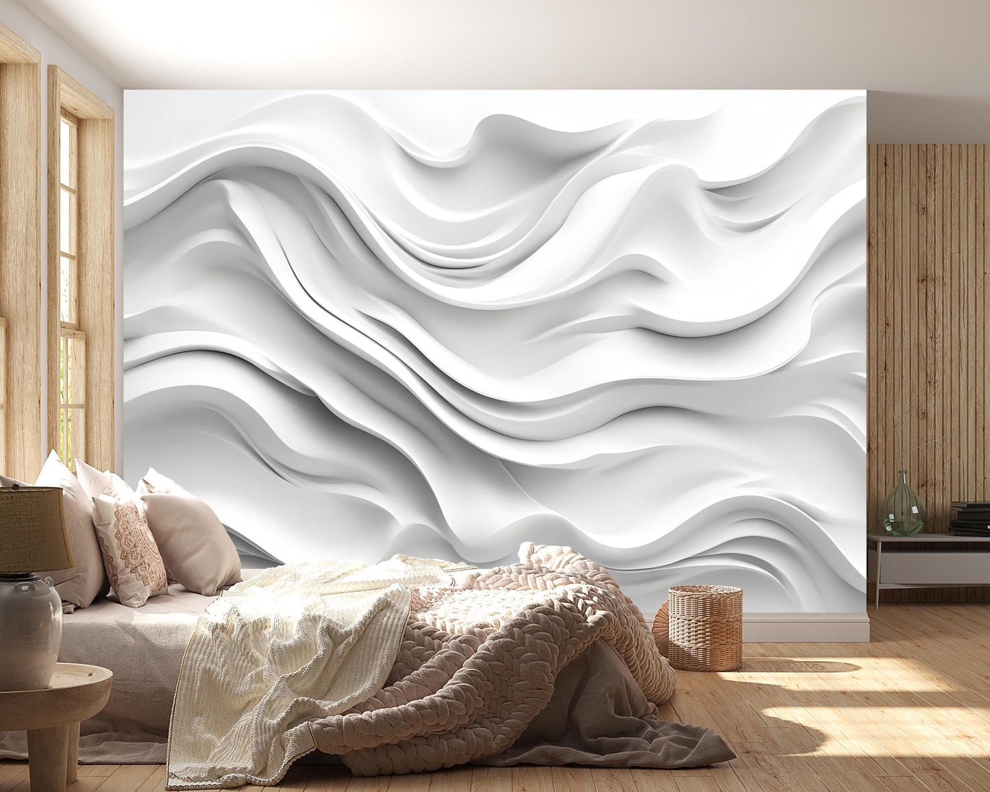 3D Abstract Wave Wall Mural – White Textured Wallpaper for Bedroom – Modern Minimalist Large Wall Art – Peel & Stick or Paste Vn236