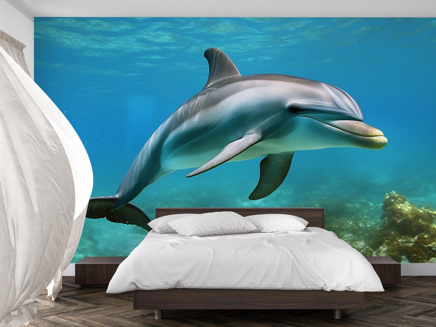 Ocean Dolphin Wall Mural for Bedroom – 3D Underwater Sea Life Wallpaper – Nautical Marine Decor for Kids & Adults Vn255