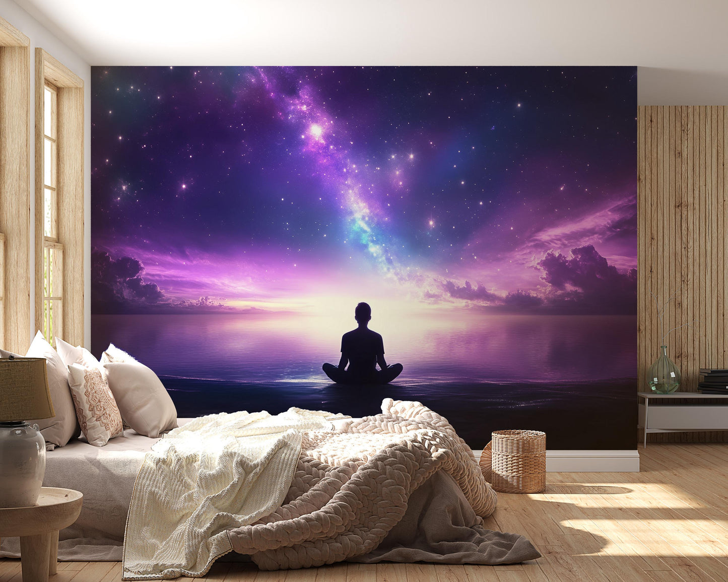 Meditation Galaxy Wall Mural – Purple Cosmic Sunset Sky Tapestry for Bedroom Decor Vn476