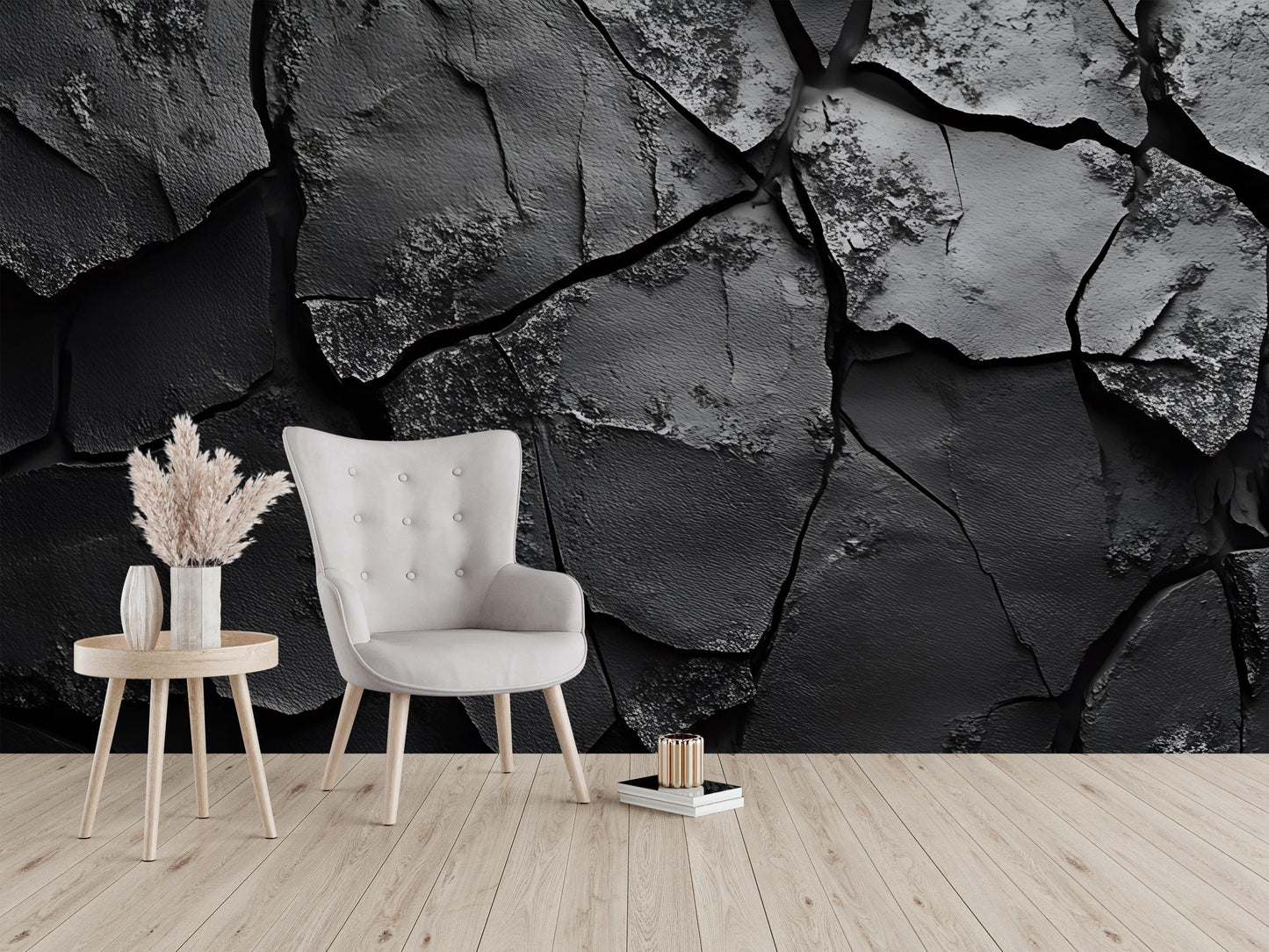 Modern Cracked Black Wall Mural | Textured Abstract Wallpaper | Luxury 3D Look Accent Wall Art for Living Room or Office Vn244