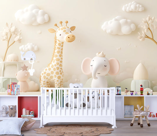 Whimsical Safari Animal Nursery Wall Mural – Giraffe & Elephant Jungle Art – Neutral Baby Room Decor – Kids Bedroom Wallpaper Vn431