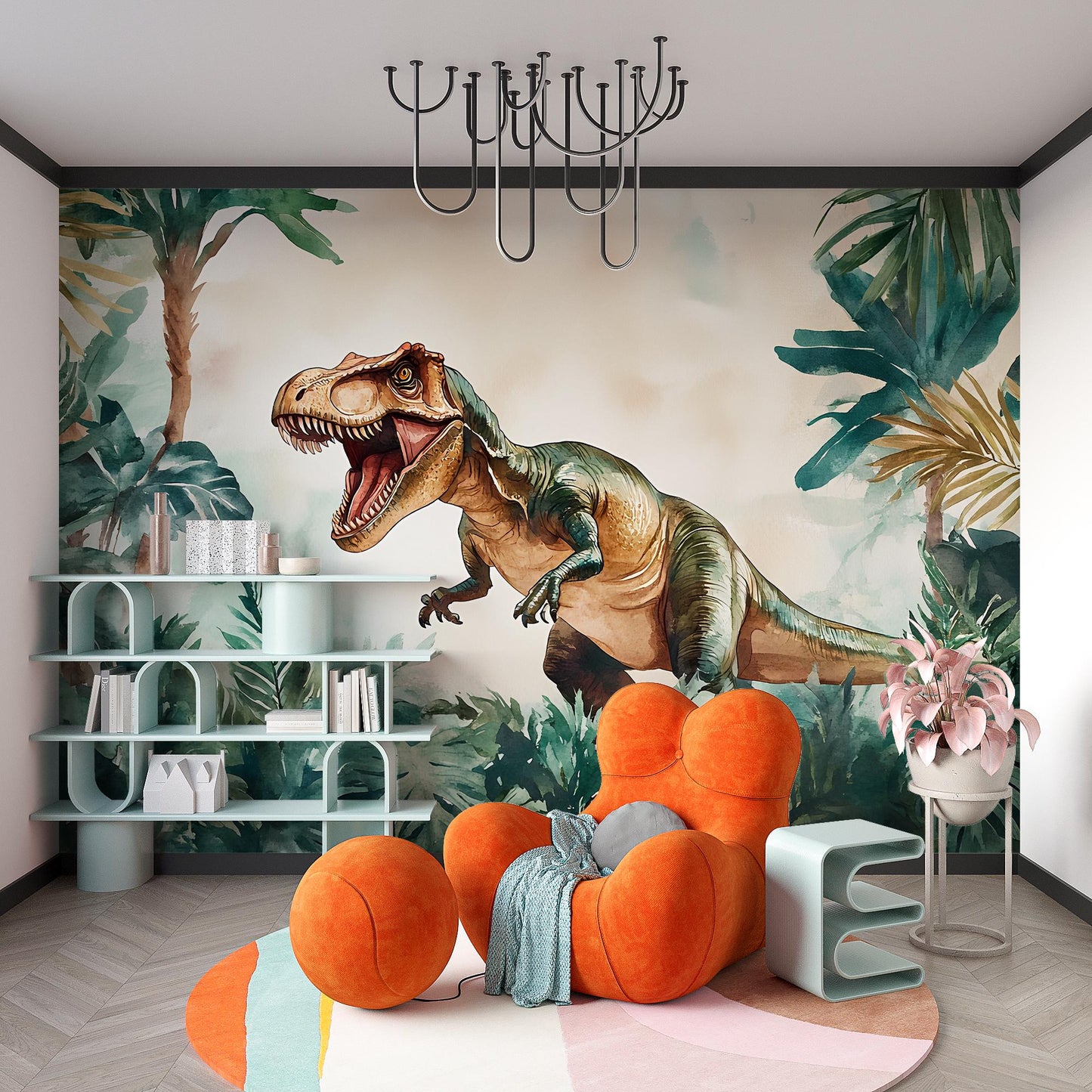 Dinosaur Wall Mural for Kids Room – T-Rex Jungle Wallpaper – Boys Nursery Wall Art – Prehistoric Safari Theme Décor Vn408