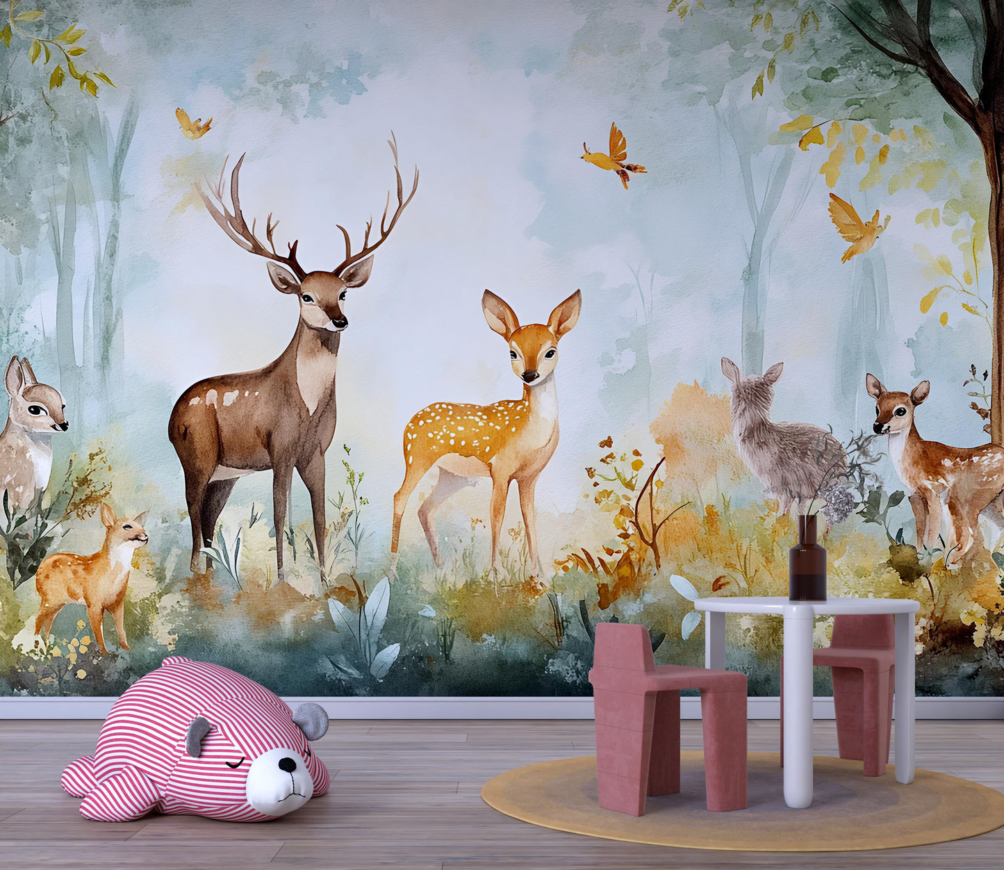 Woodland Deer Wall Mural for Kids Room – Forest Animal Nursery Wallpaper – Removable Jungle Nature Theme Décor Vn339
