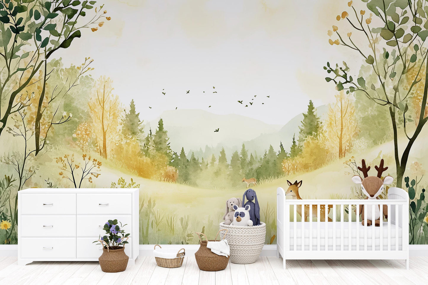 Woodland Forest Nursery Wall Mural – Nature Themed Wallpaper for Baby Room, Gender Neutral Scenic Wall Art Vn261