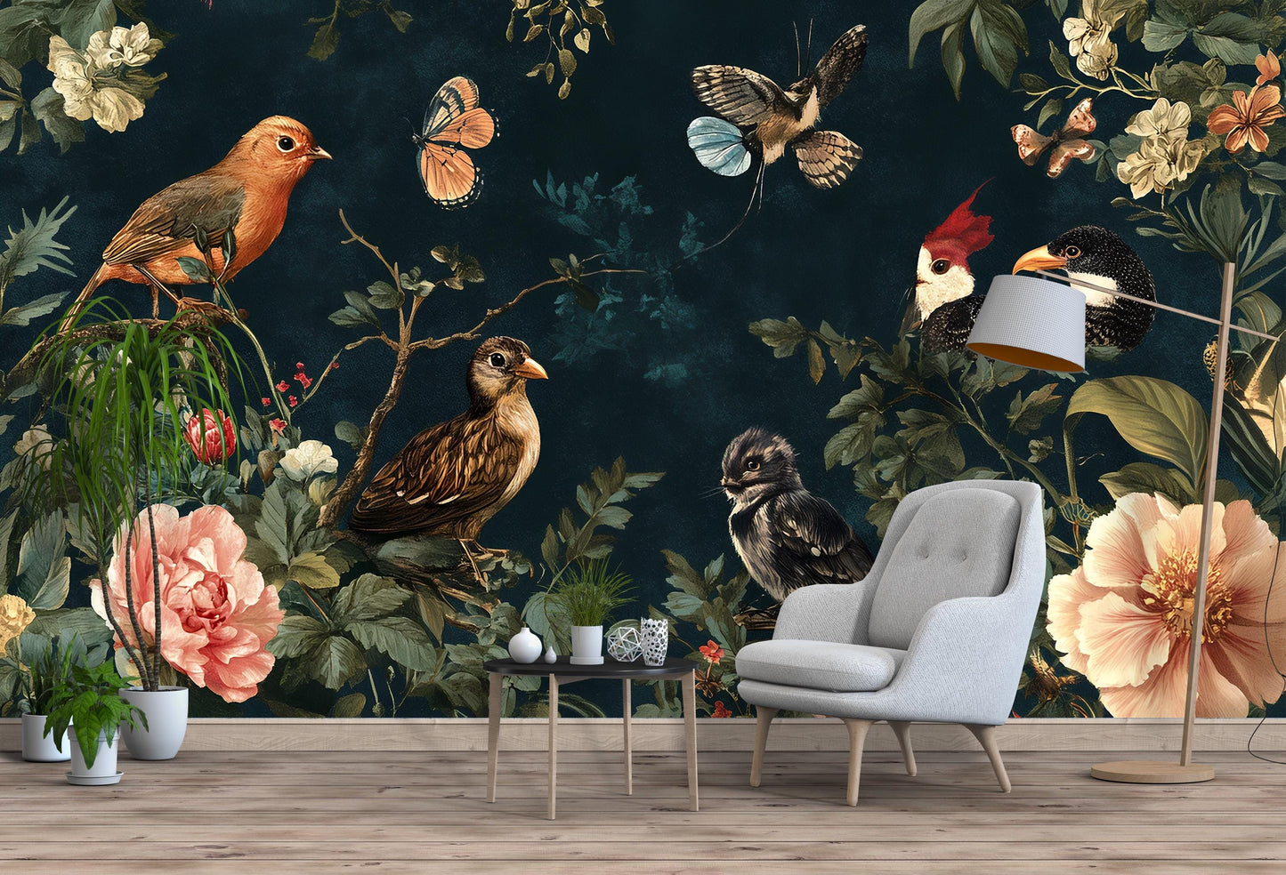 Birds & Flowers Wall Mural – Vintage Botanical Bedroom Wallpaper, Nature-Inspired Accent Wall Art Vn213