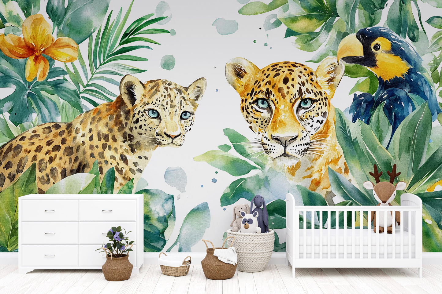 Safari Jungle Wall Mural - Baby Room Leopard Wallpaper - Tropical Animal Nursery Decor Vn338