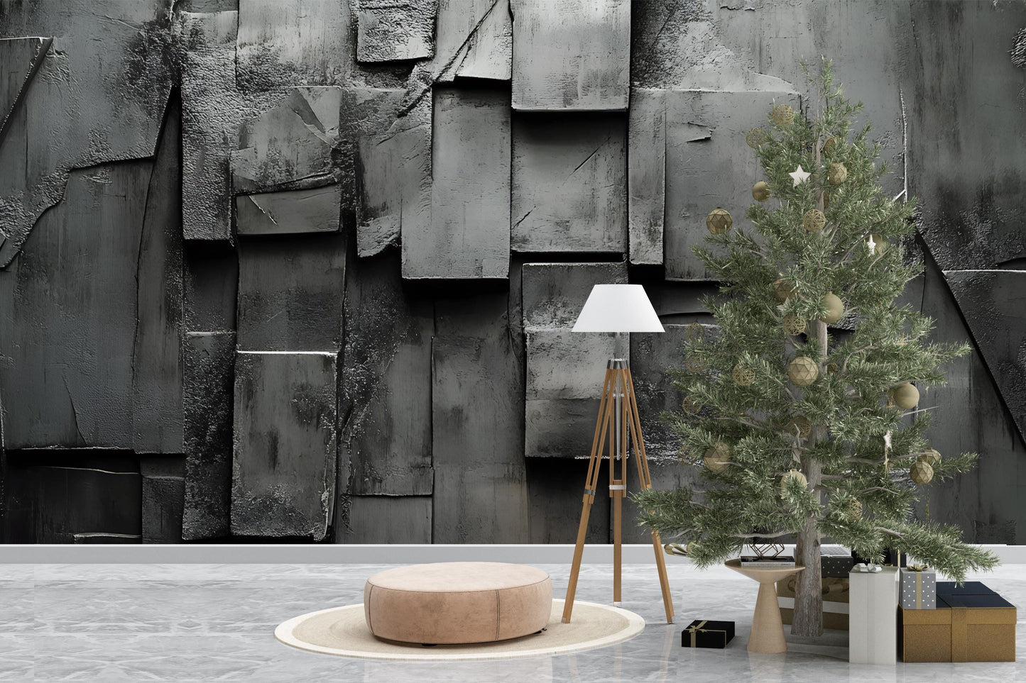 Modern Textured Wall Art Mural – 3D Dark Concrete Geometric Wallpaper – Industrial Style Living Room Decor Vn240