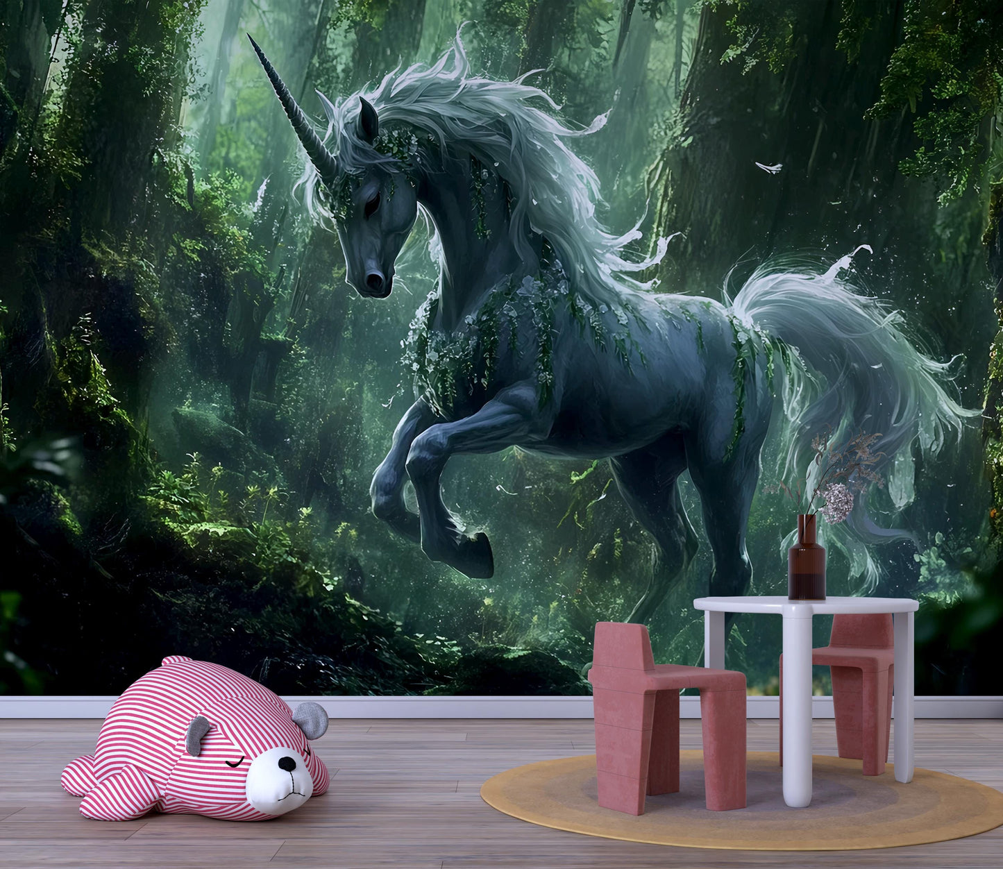 Magical Unicorn Forest Nursery Wall Mural – Fantasy Woodland Baby Room Decor, Fairy Tale Animal Wallpaper for Kids Vn 302